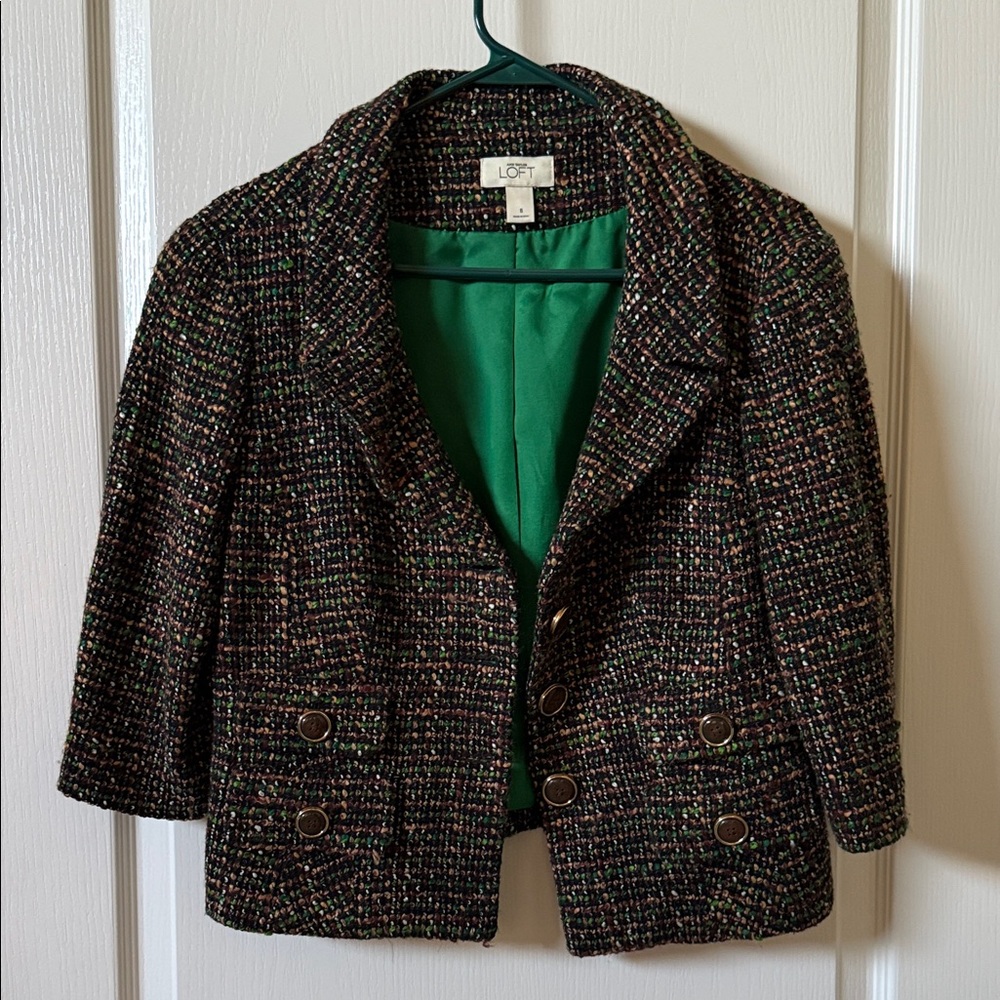 LOFT Multicolor Tweed Blazer with Green Interior